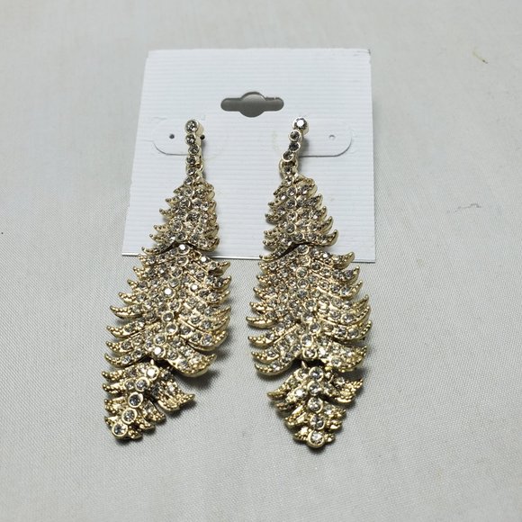Bijou gold feathered leaf drop earring with rhinestones pierced earring - Picture 2 of 5